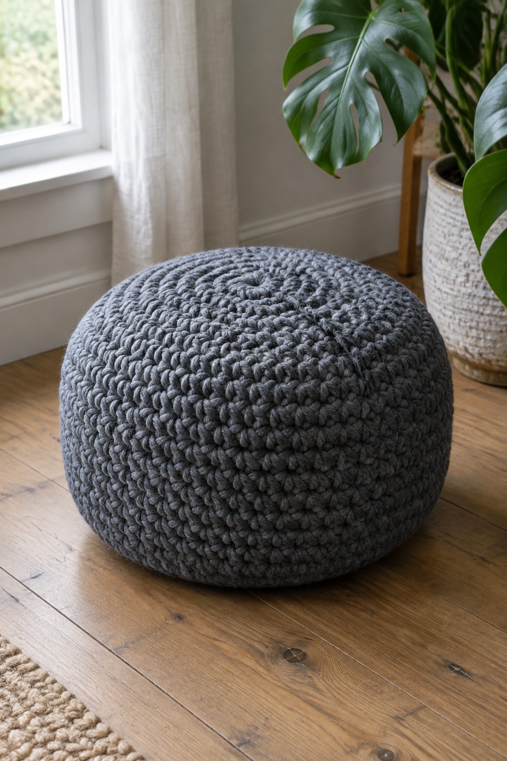 Gray crocheted round pouf on wooden floor beside monstera plant and window