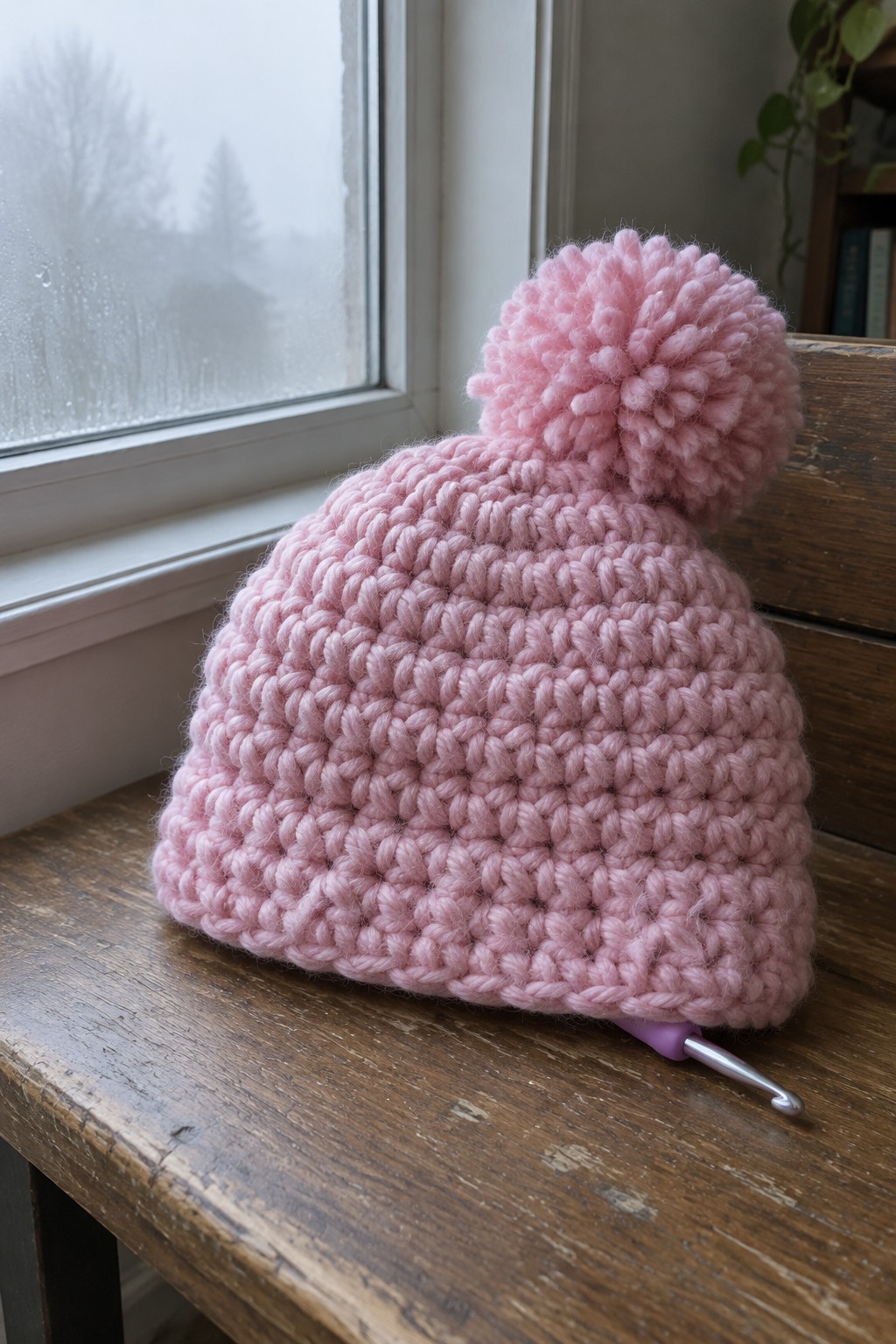 A pink chunky crocheted beanie with a large pom-pom and crochet hook on a wooden surface near a window.