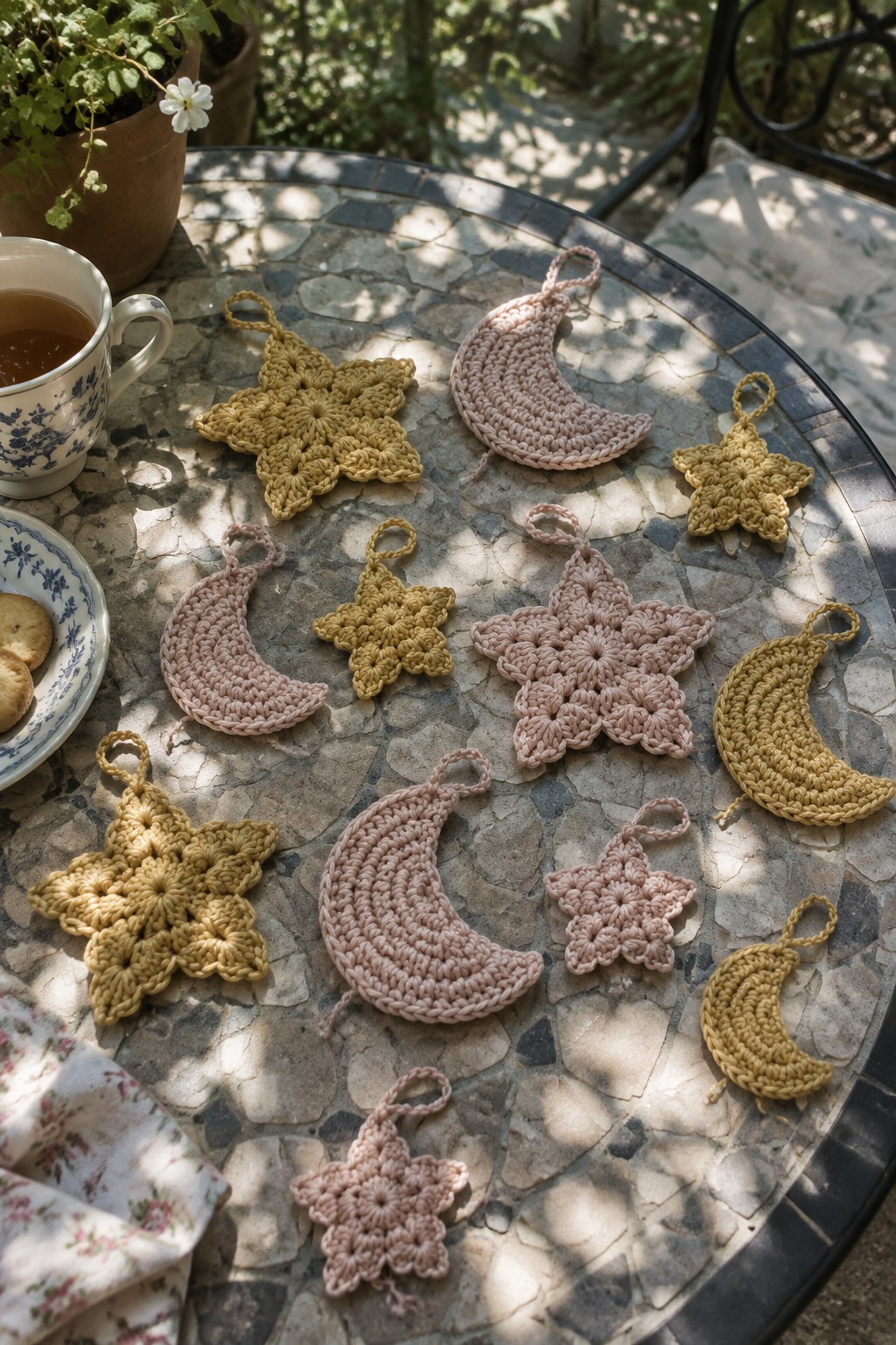 Crocheted pastel stars and moons on sunny mosaic table with tea and cookies
