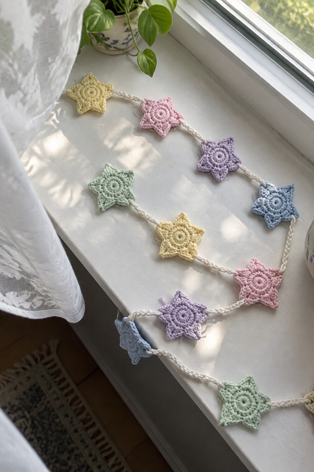 Pastel crocheted stars strung on white yarn along a sunny windowsill.