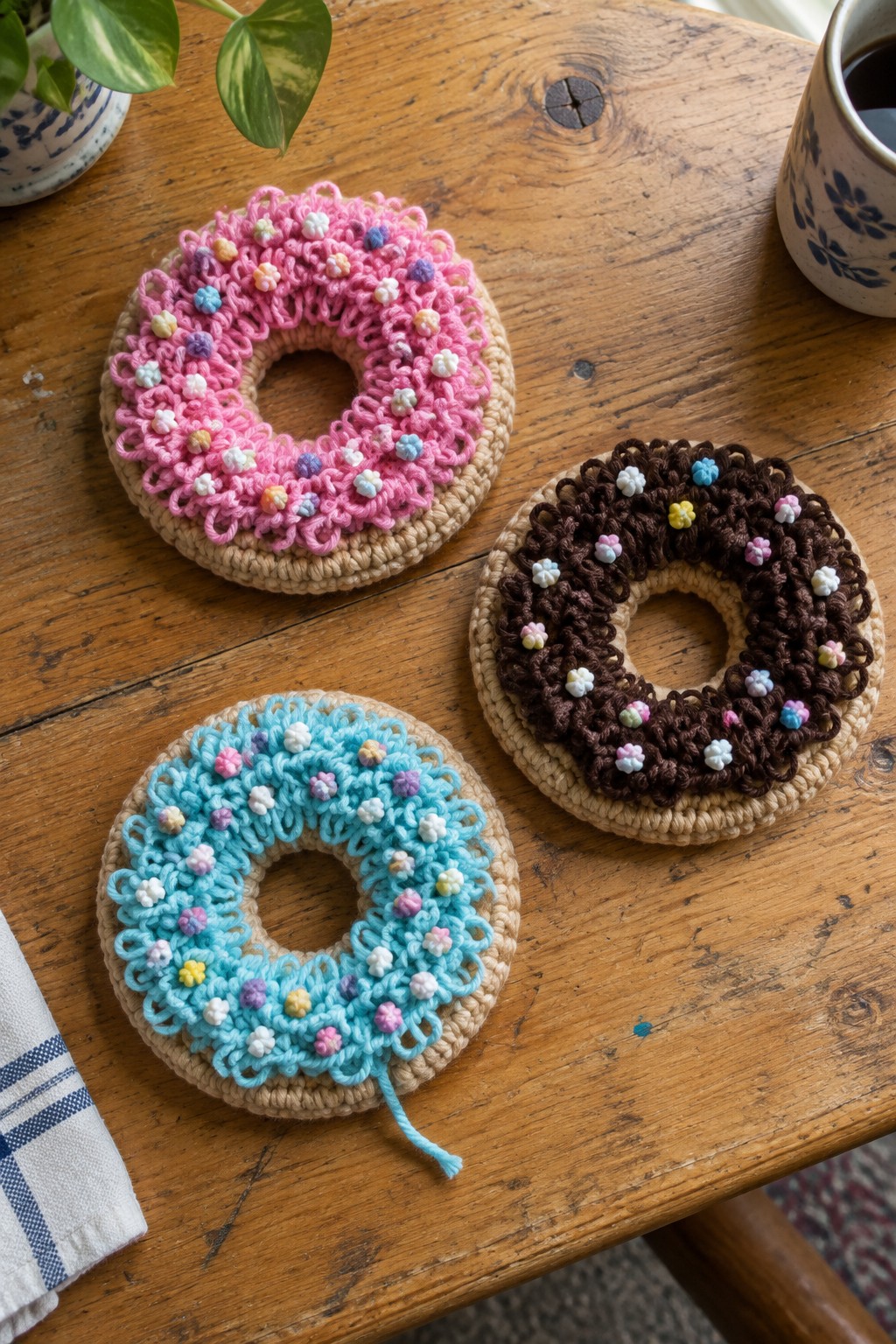 Three colorful crocheted donut coasters with sprinkles on wooden table.