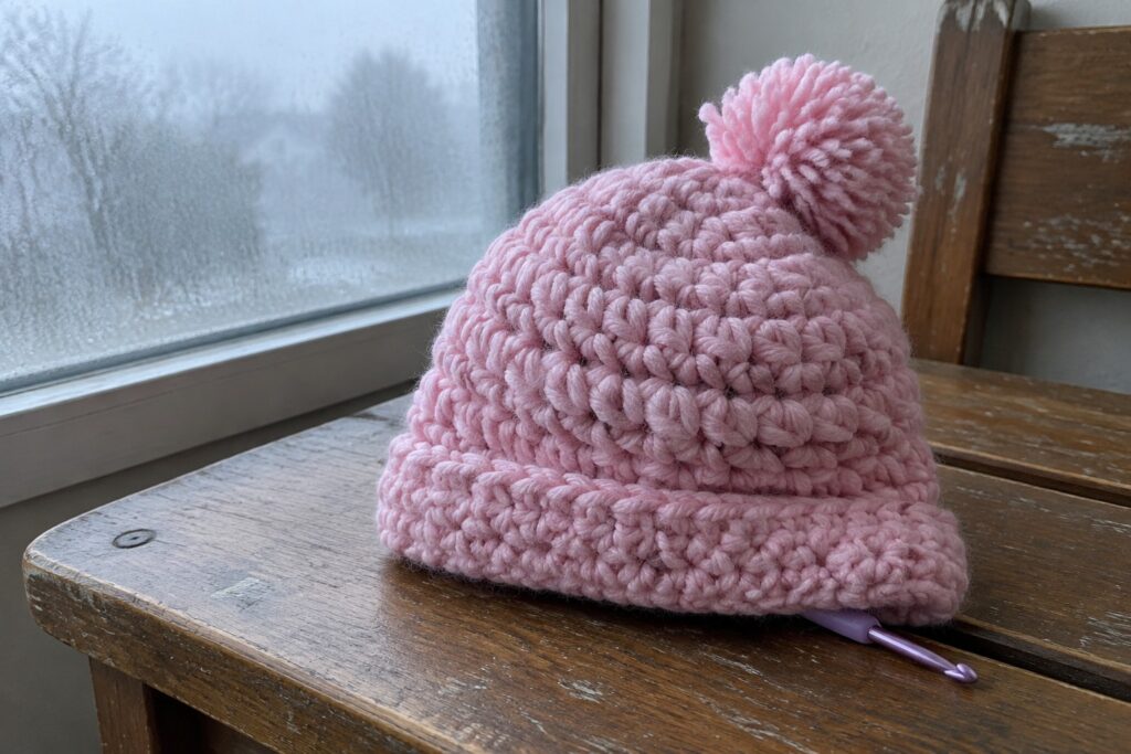 A pink chunky crocheted beanie with a large pom-pom and crochet hook on a wooden surface near a window.