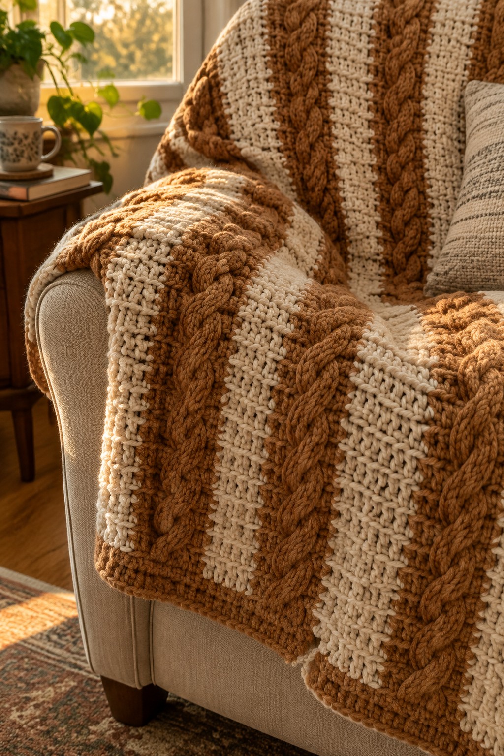 Brown and cream cable-knit blanket draped over a sunlit beige armchair.