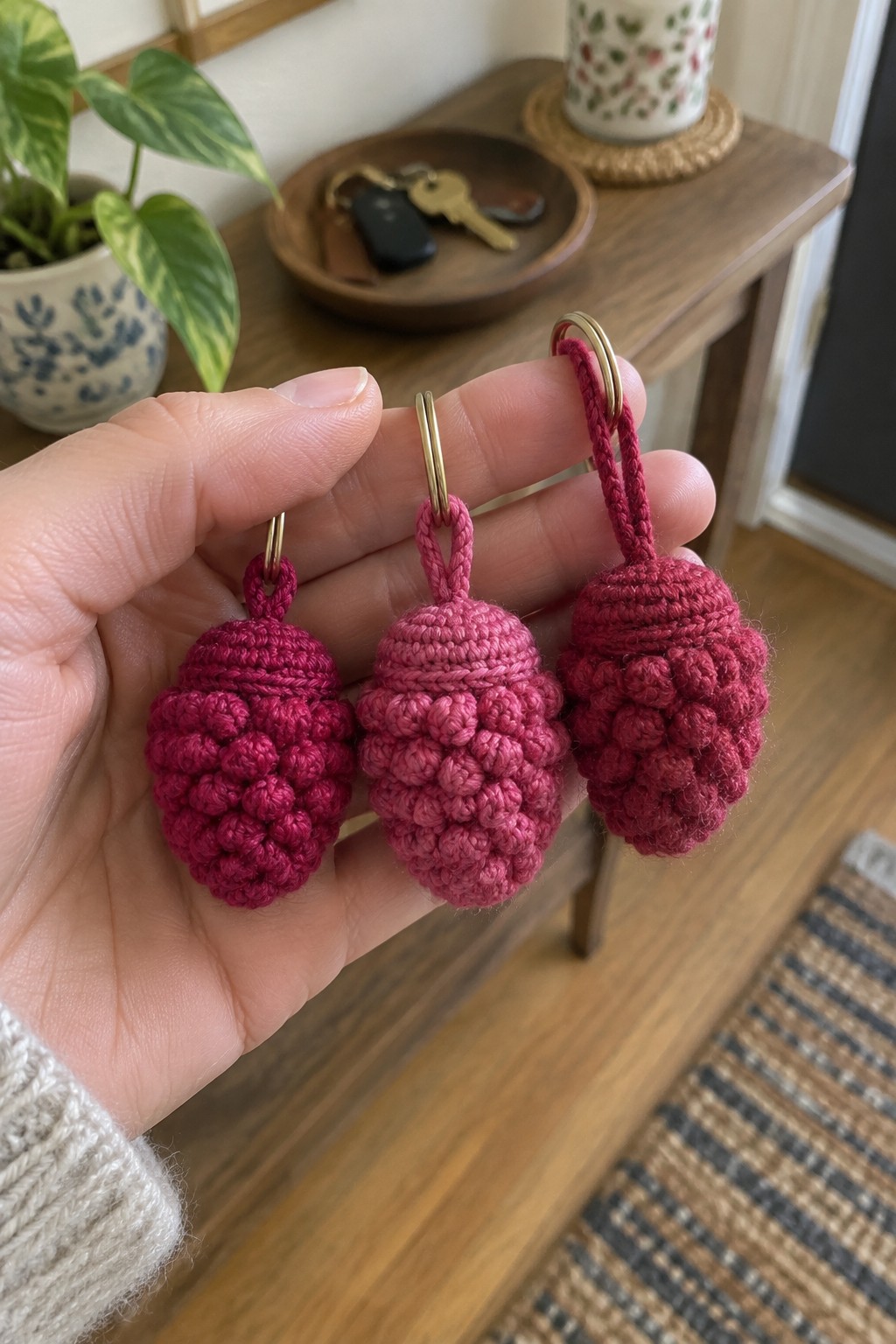 Hand holding three pink crocheted keychains with gold rings against wooden table backdrop