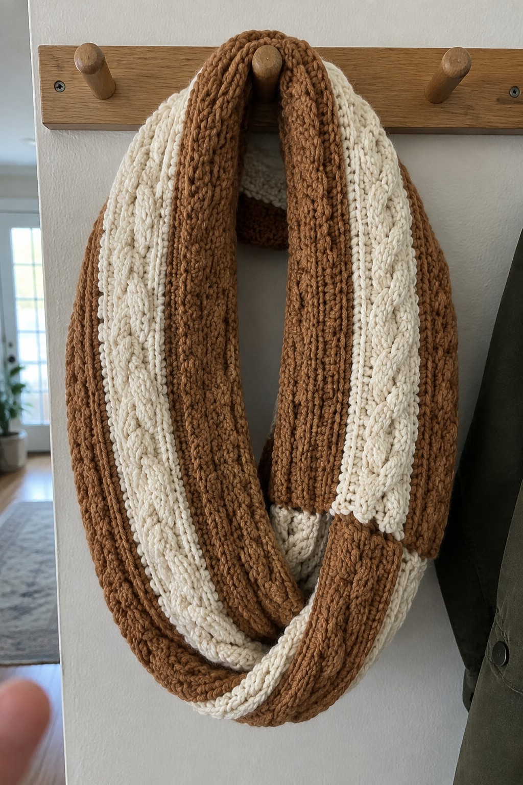 Brown and cream cable-knit infinity scarf hanging on wooden rack.