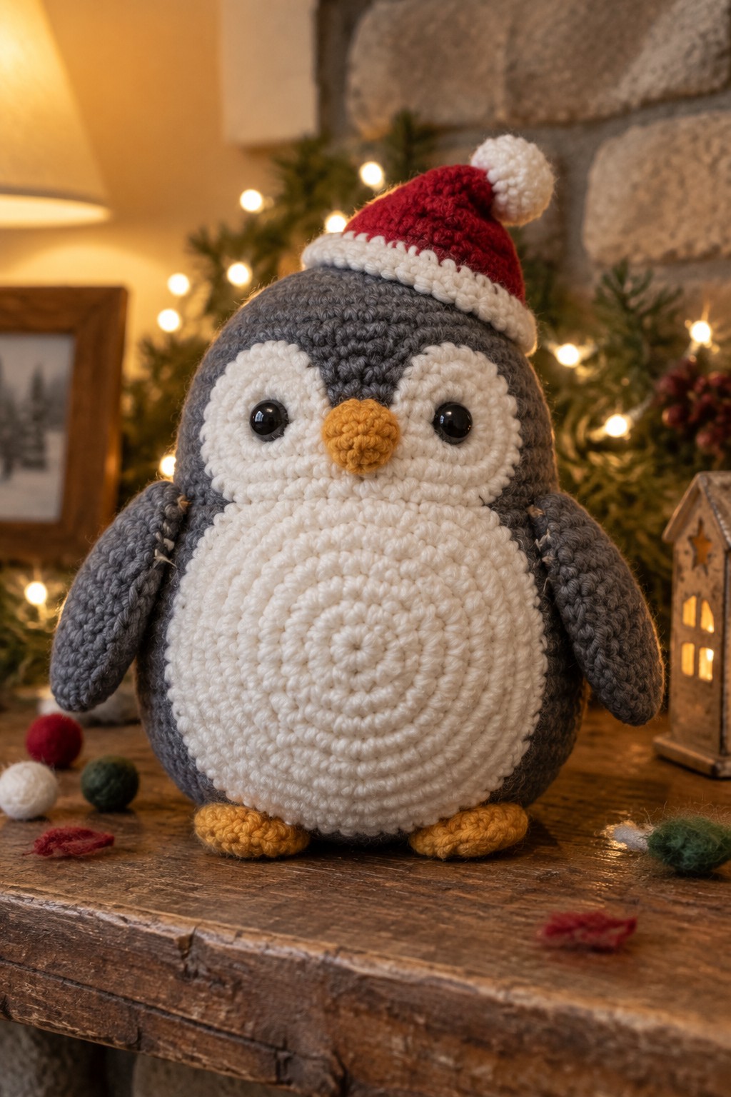 Crocheted gray penguin in red Santa hat on wooden table with Christmas lights.