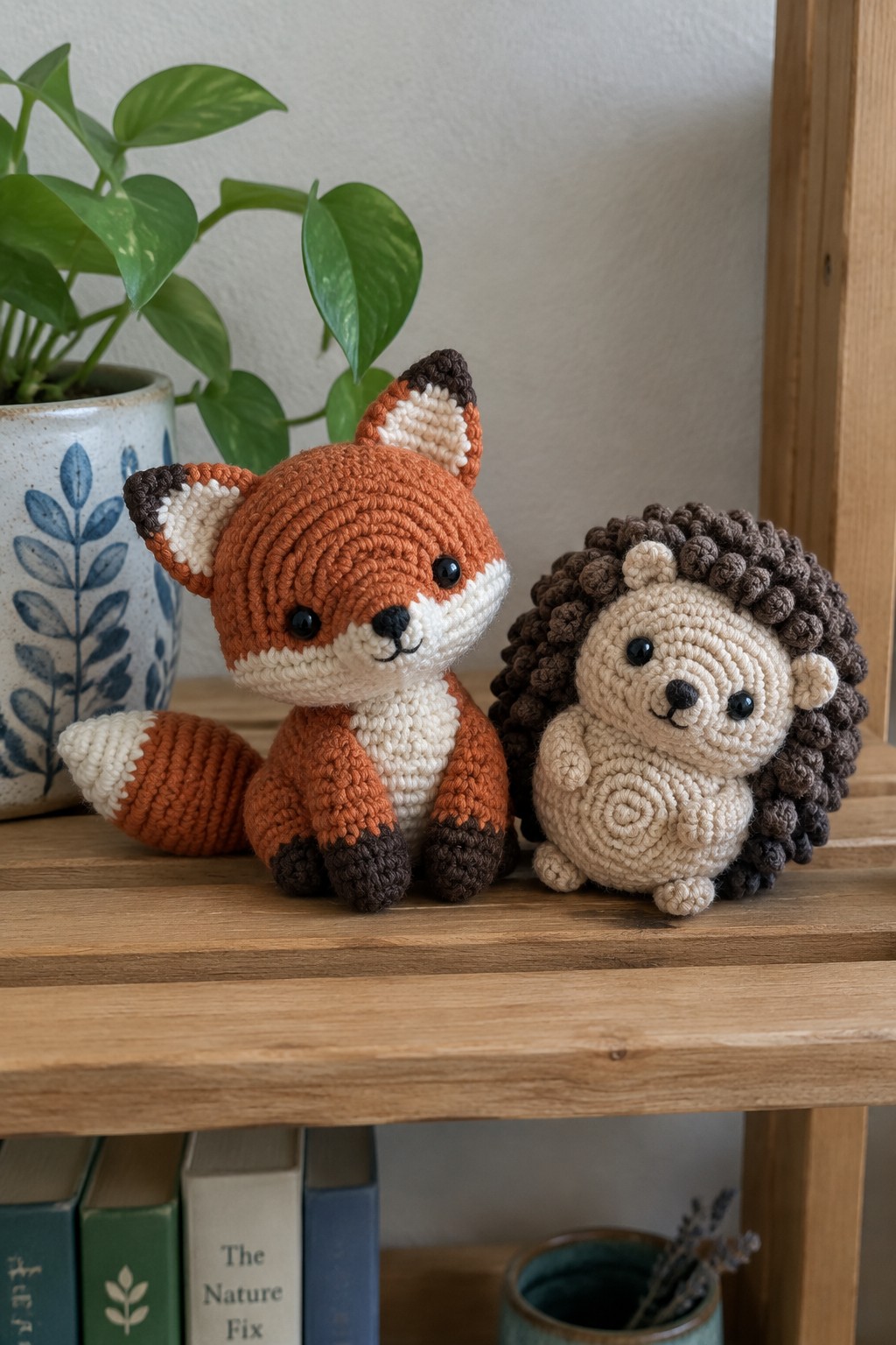 Crocheted orange fox and brown hedgehog amigurumi on wooden shelf with plant