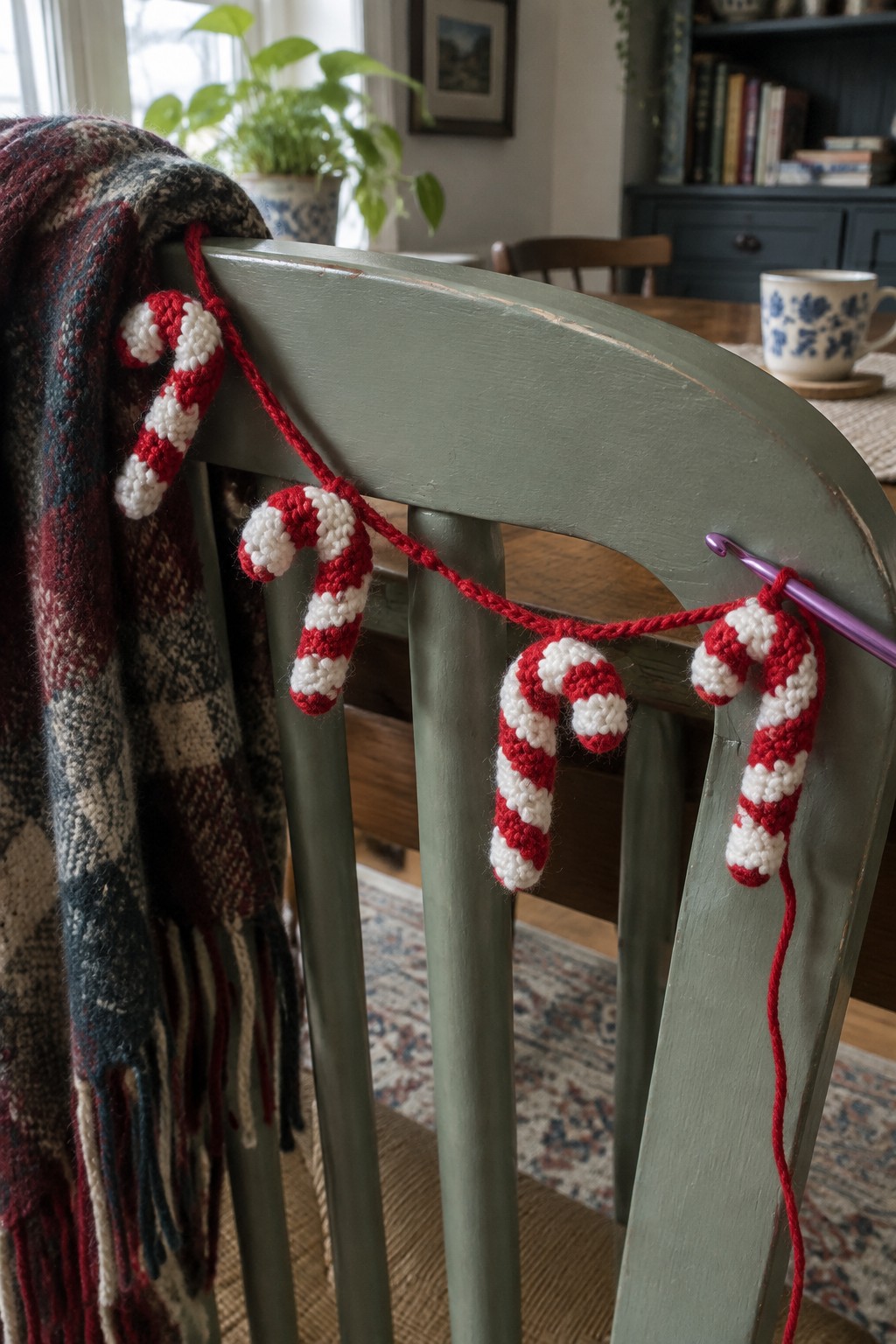Green chair with plaid scarf and red-white crocheted candy cane garland holding purple hook