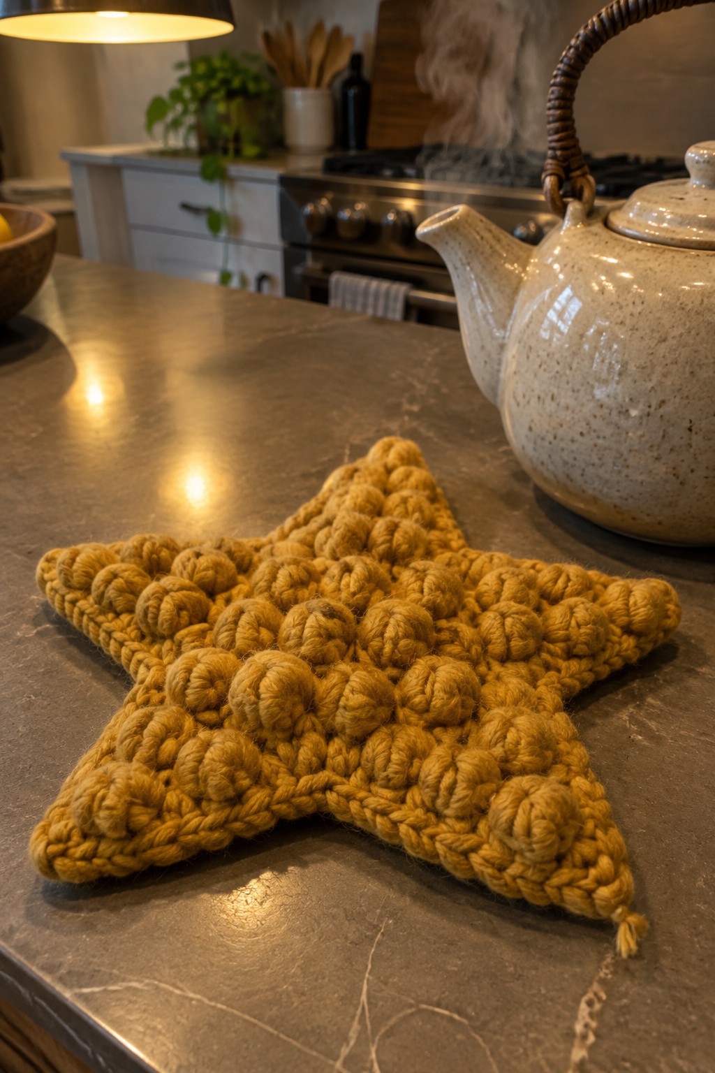 Yellow crocheted star-shaped potholder on gray countertop beside ceramic teapot