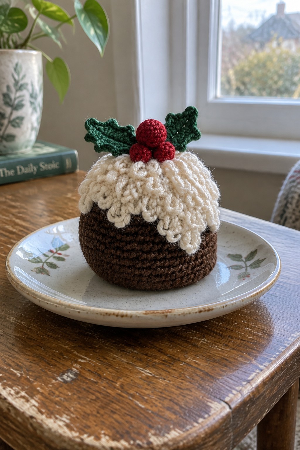 Crocheted Christmas pudding with white icing, red berries, and green holly on plate.
