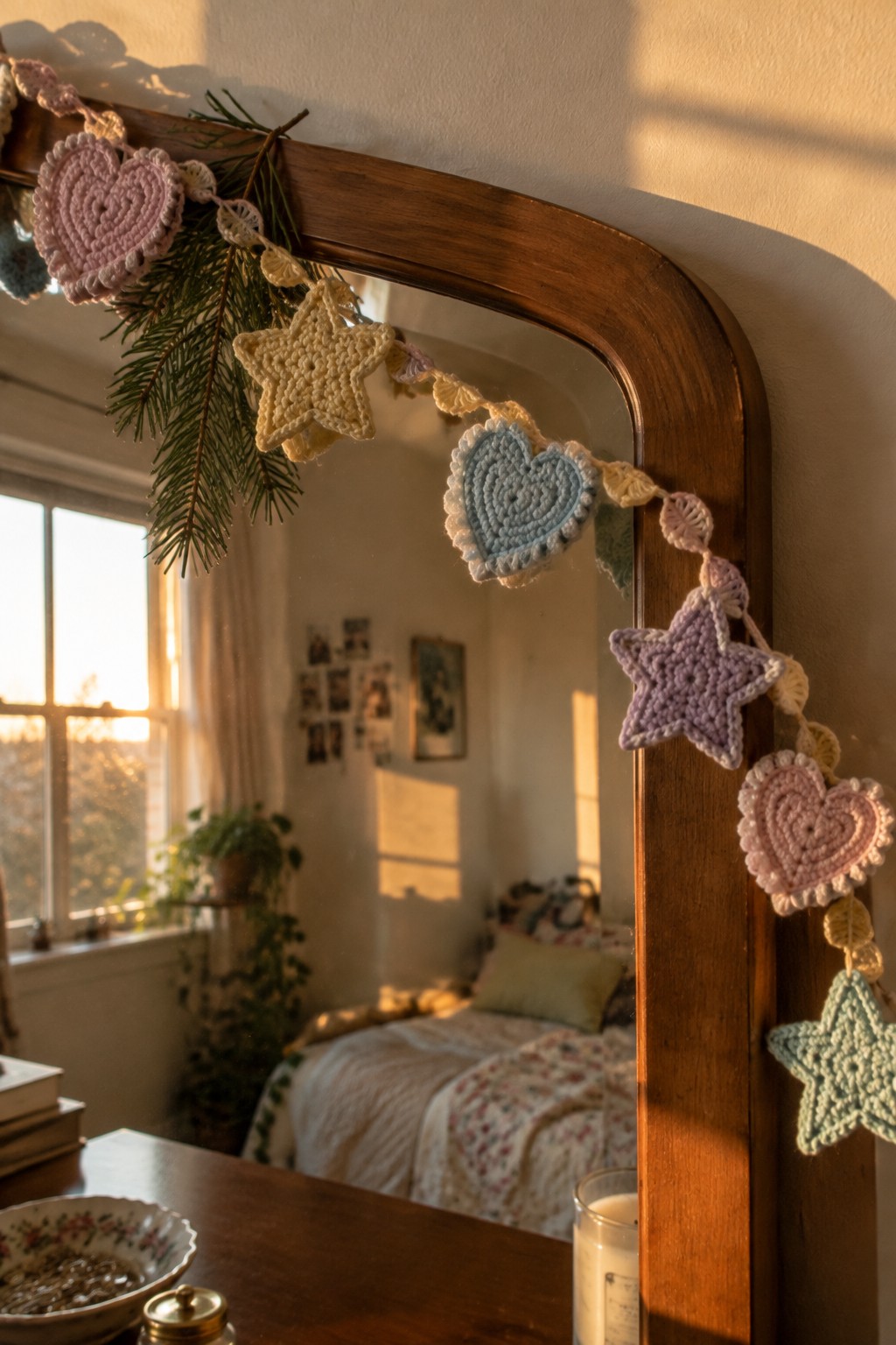 Crocheted pastel hearts and stars garland on sunlit wooden mirror frame