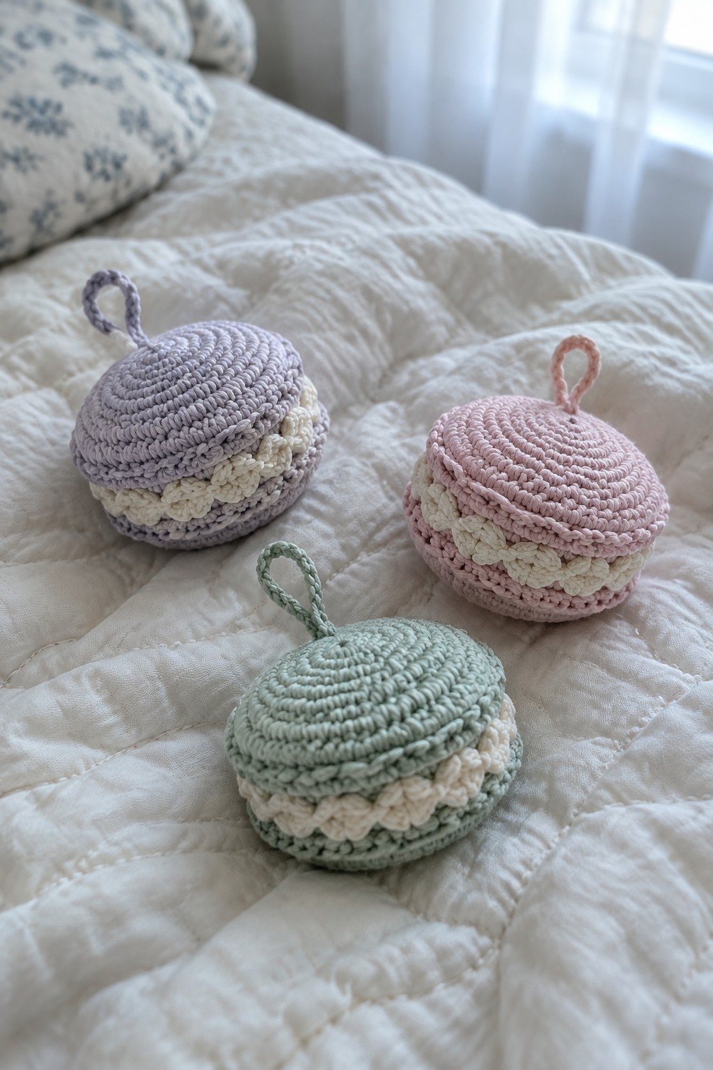 Three pastel crocheted macarons with loops on a white quilted bed.