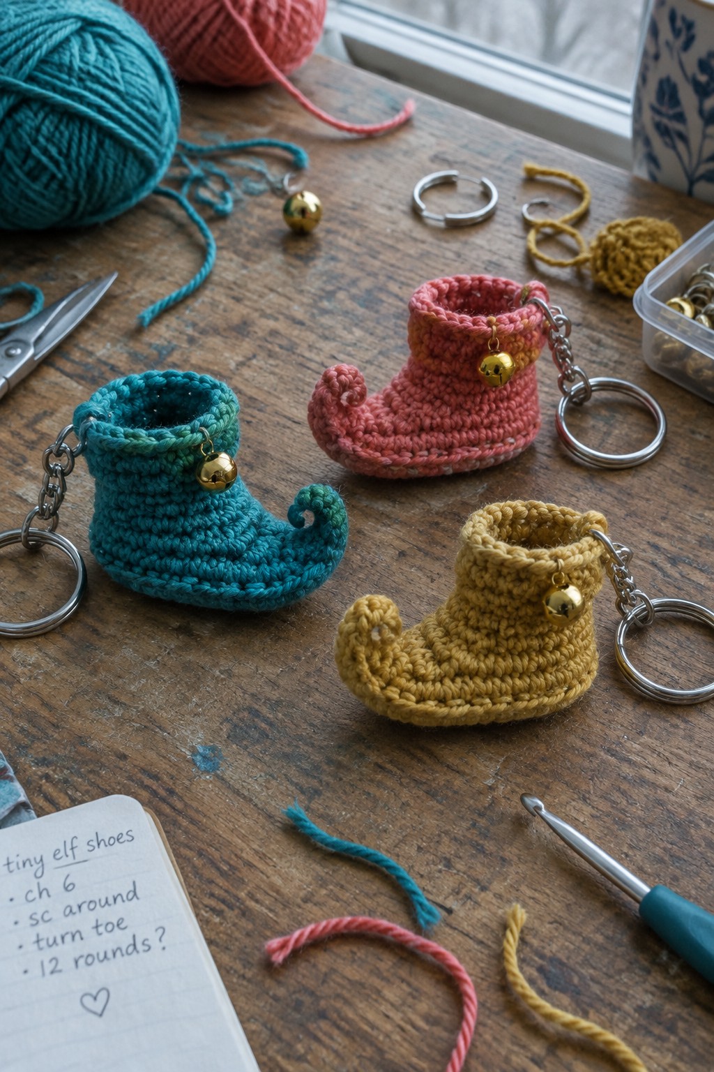 Three crocheted elf shoe keychains in teal, pink, and yellow with crafting supplies on table
