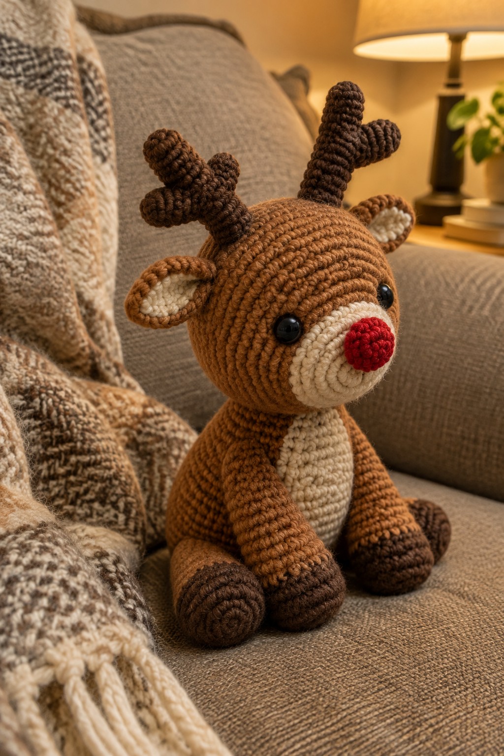 Crocheted brown reindeer with red nose and antlers on a grey couch