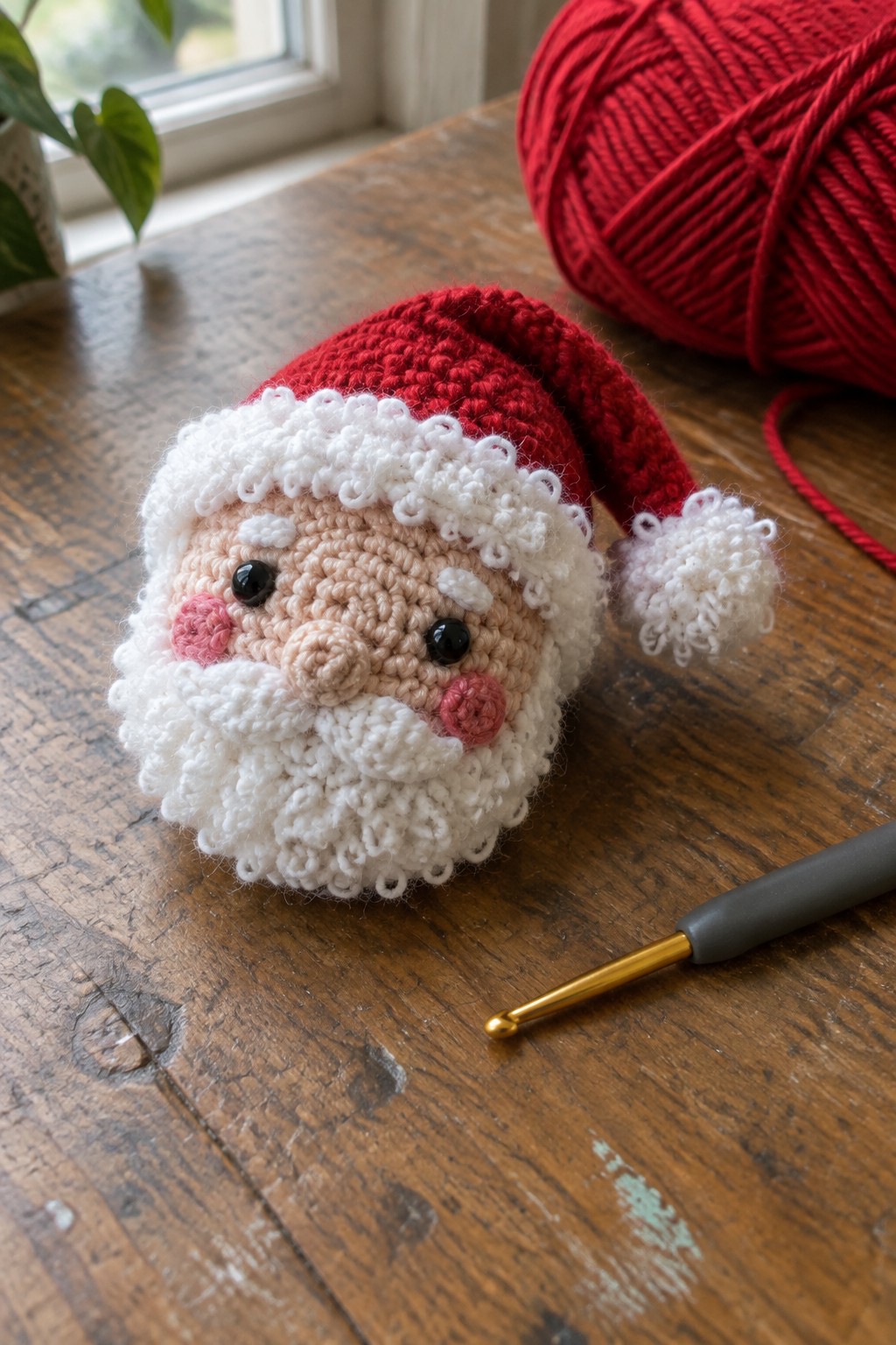 Crocheted Santa head with red hat, beard, yarn ball and hook on wooden table