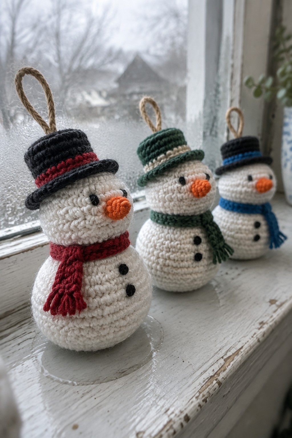 Three crocheted snowmen with red, green, and blue scarves on a frosted windowsill
