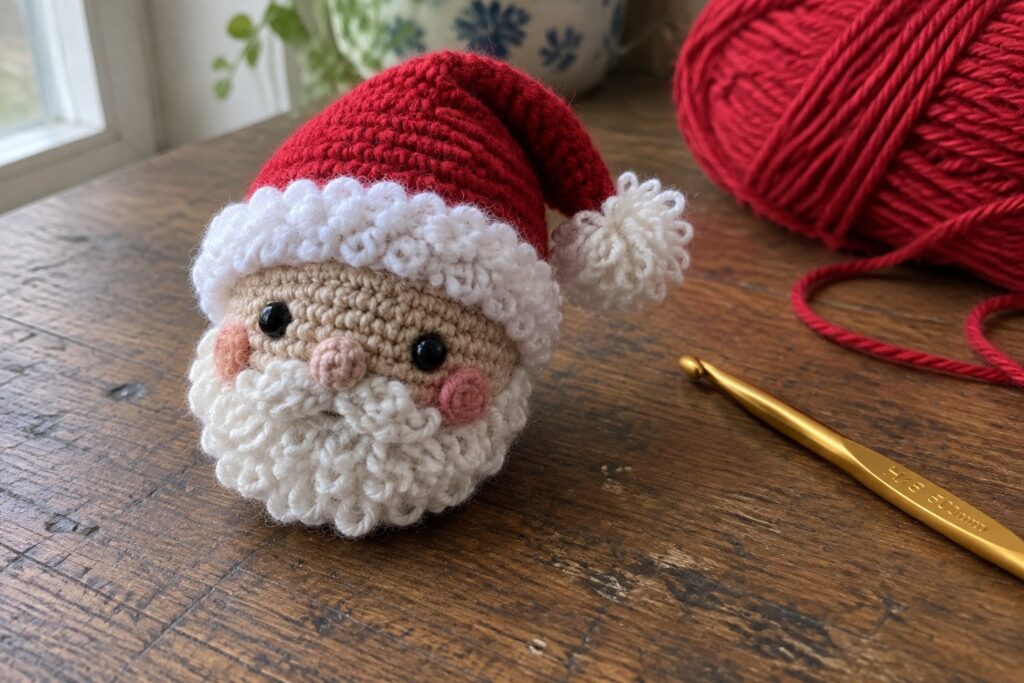 Crocheted Santa head with red hat, beard, yarn ball and hook on wooden table
