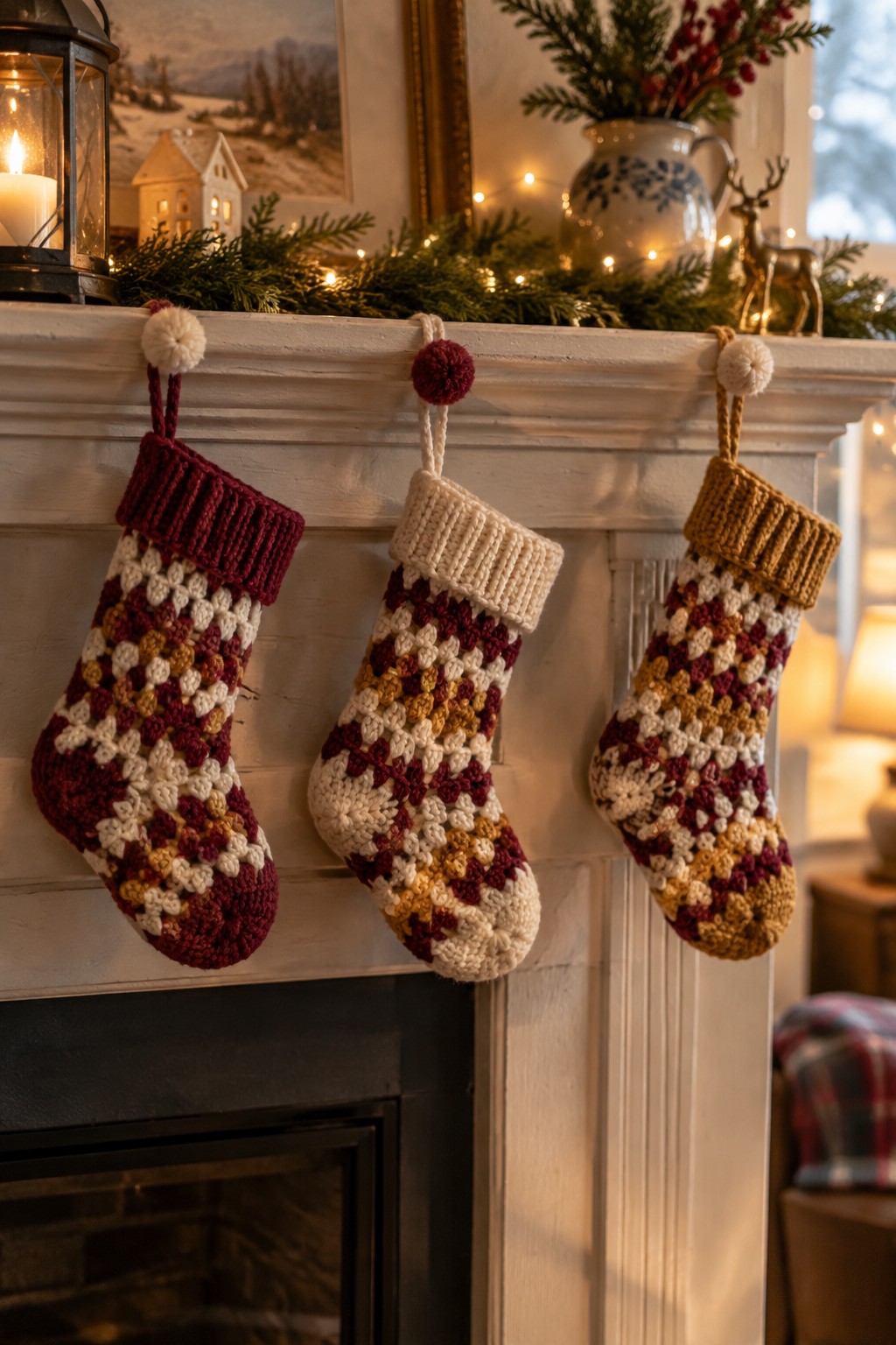 Three patterned crocheted Christmas stockings hanging on a decorated white mantel