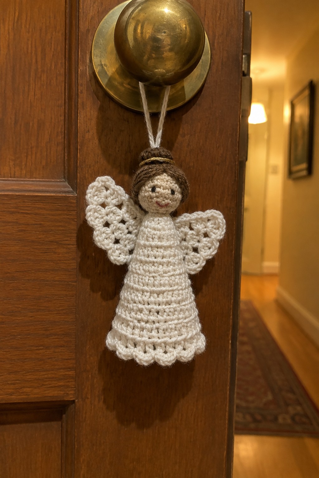 Crocheted white angel with lace wings and brown bun hair hanging from brass doorknob on wooden door