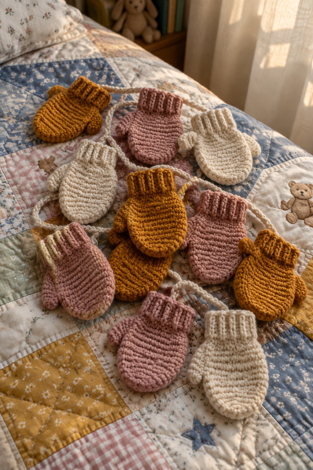 Knitted baby mittens in mustard, pink, and cream strung on a patchwork quilt.