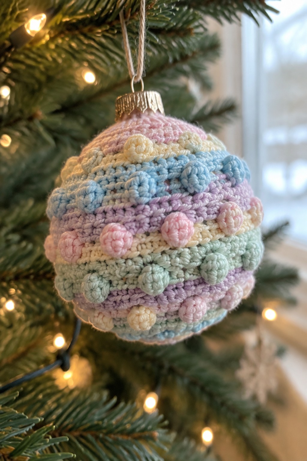 Pastel crocheted Christmas bauble with raised floral bobbles on a tree.