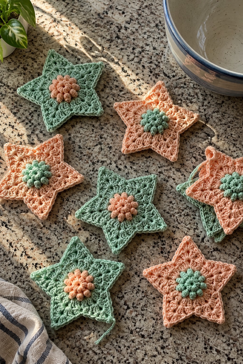 Crocheted mint green and peach star coasters with floral centers on speckled countertop