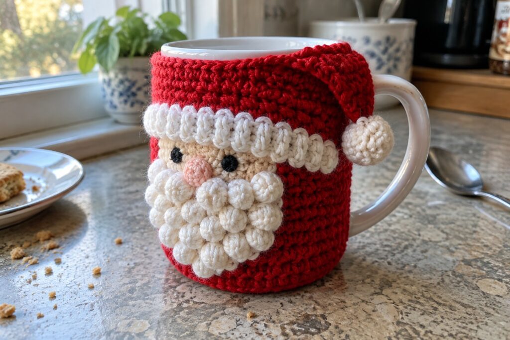 Crocheted red Santa Claus cozy with white beard on white mug