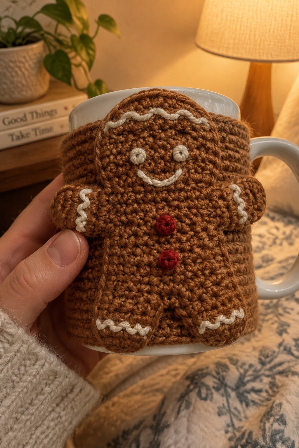 Hand holding white mug with brown crocheted gingerbread man cozy and red buttons