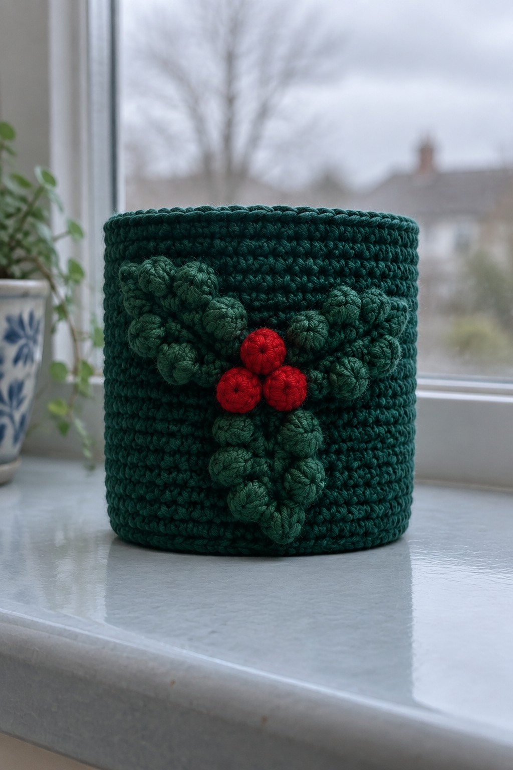 Green crocheted basket with holly leaves and red berries on windowsill