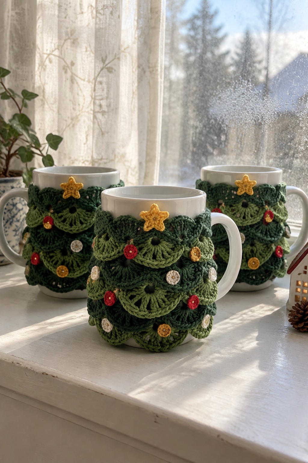 Three white mugs with green crocheted Christmas tree cozies on sunny windowsill