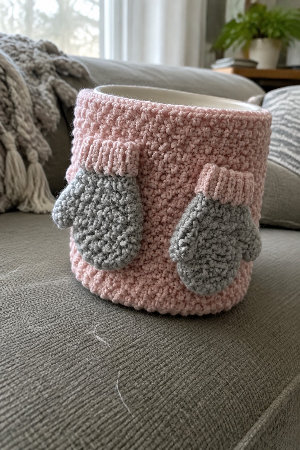 Pink knitted mug cozy with two gray mitten appliques on a couch