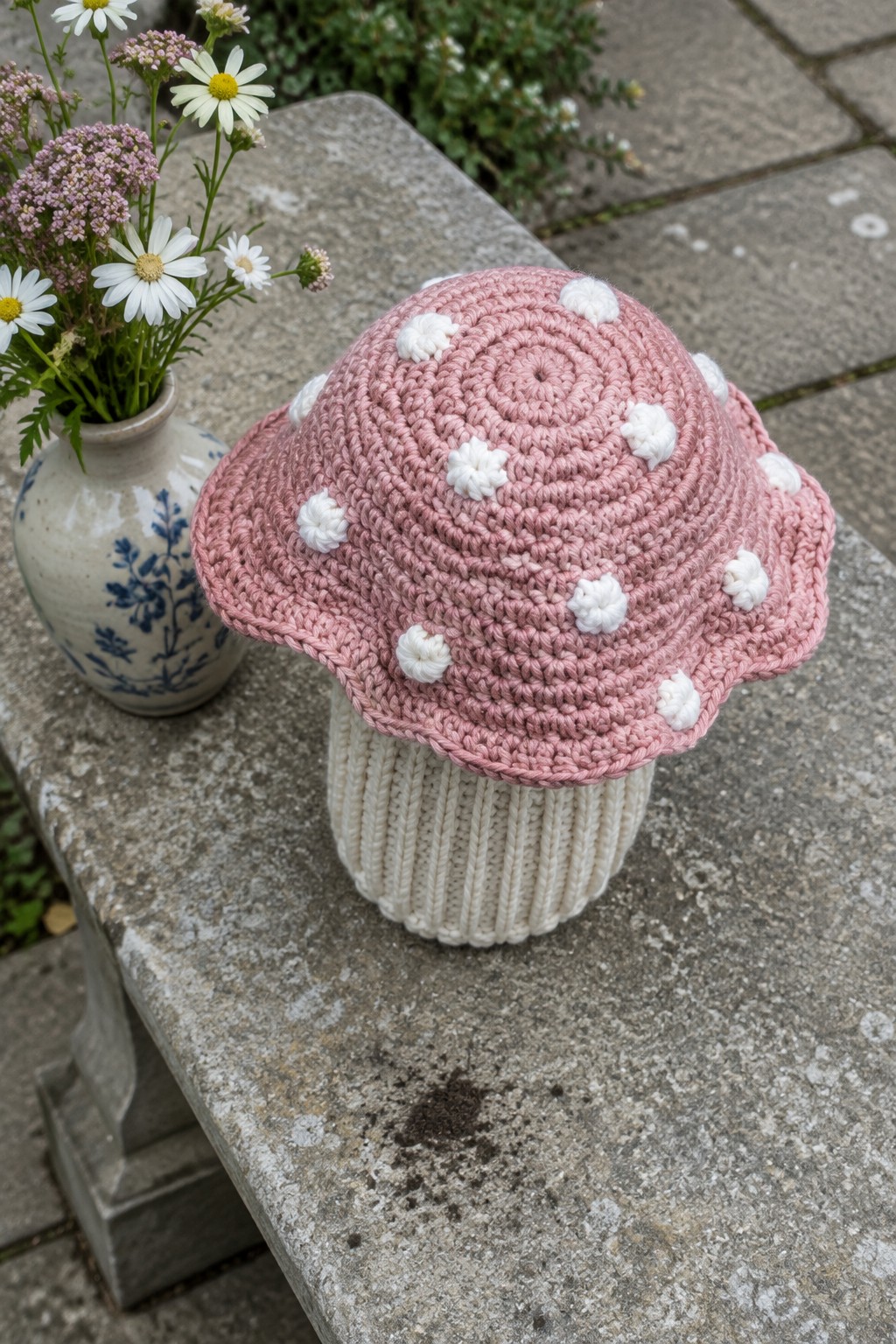 Pink crocheted mushroom-shaped mug cozy with white spots on a ribbed white base next to a floral vase on stone.