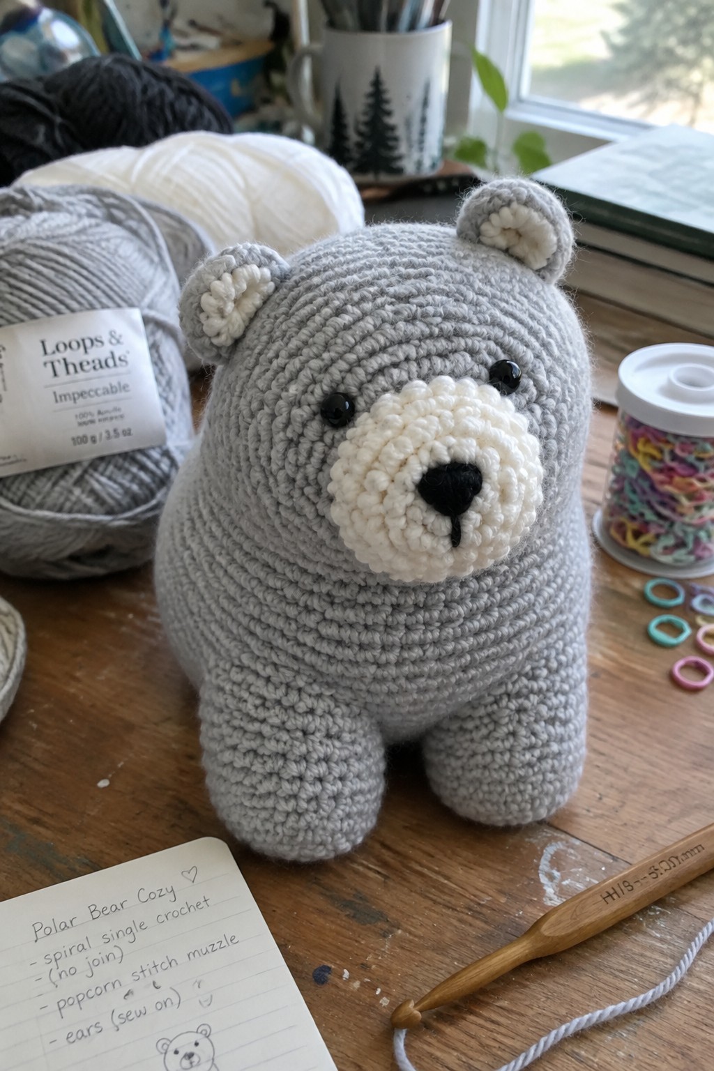 Crocheted gray polar bear with white muzzle on wooden table amid yarn and hook