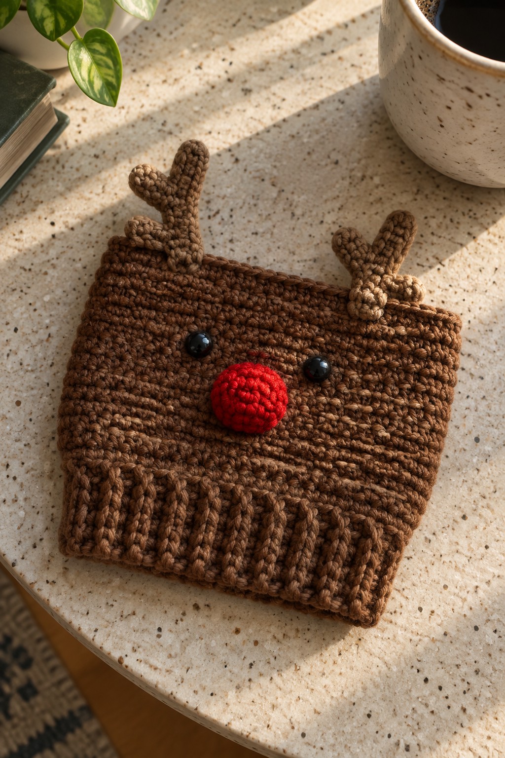 Brown crocheted reindeer hat with antlers, red nose, and black eyes on speckled table