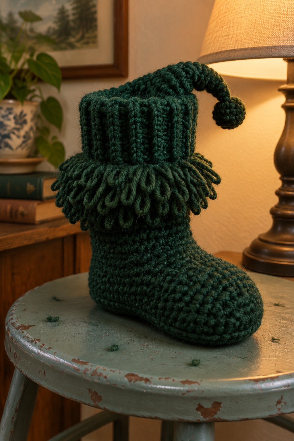 Green crocheted elf boot with ruffles and pom-pom on aged stool