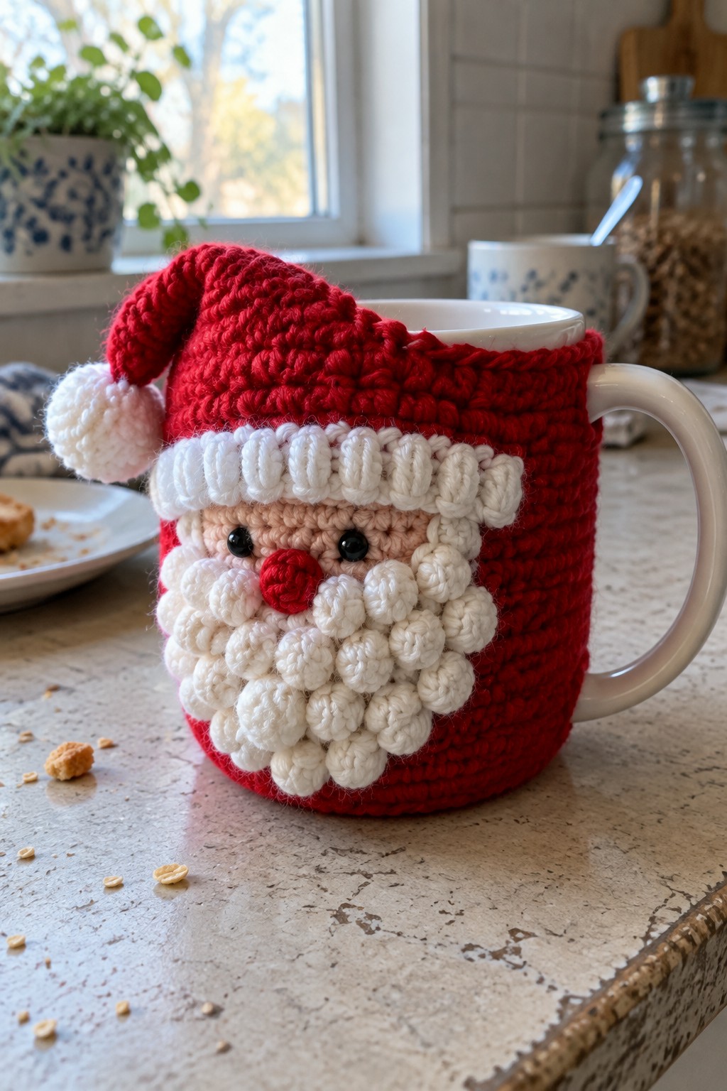 Crocheted red Santa Claus cozy with white beard on white mug
