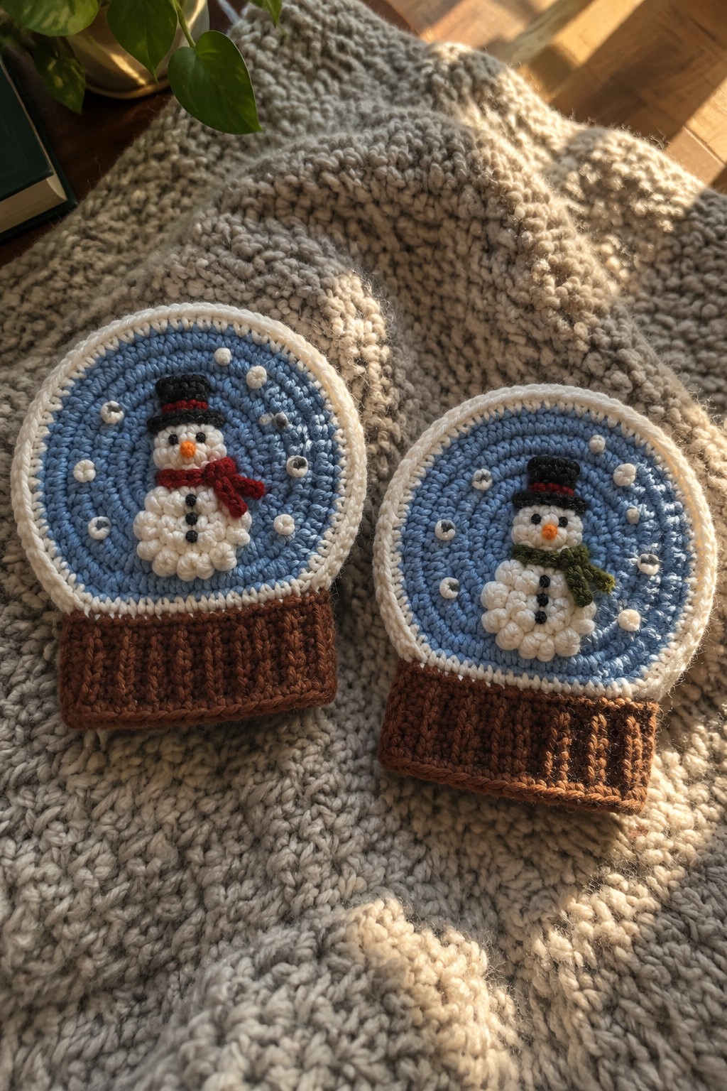 Two crocheted snow globes with red- and green-scarfed snowmen on beige knit blanket