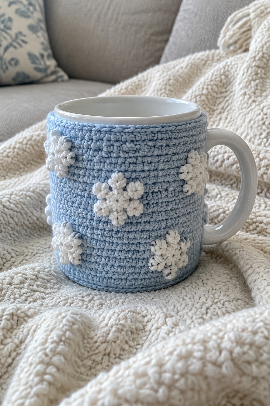 Light blue crocheted mug cozy with white snowflakes on fluffy blanket