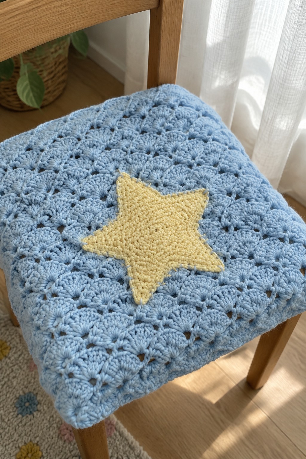 Blue crocheted cushion with yellow star on wooden chair seat