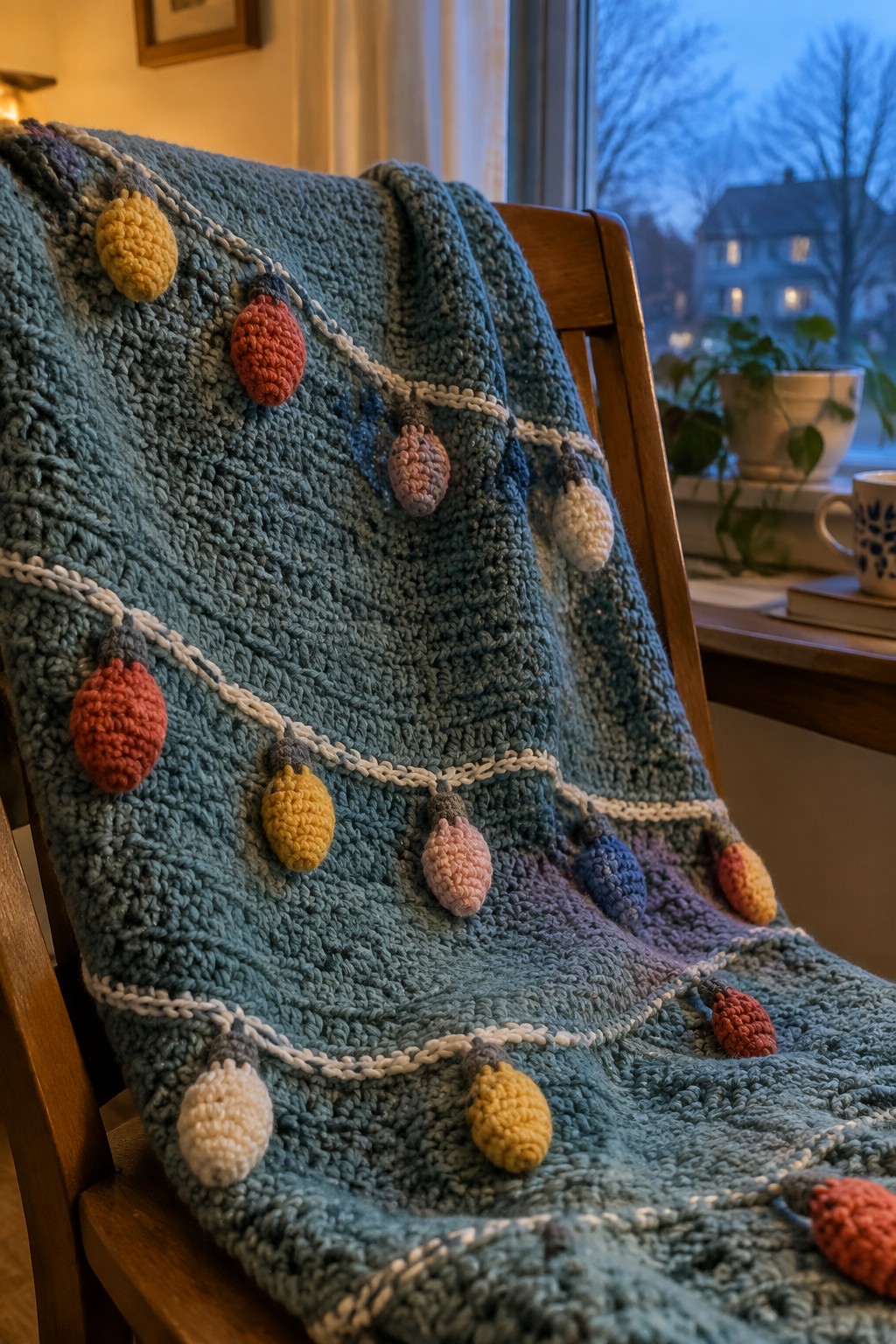 Blue knit blanket with colorful crocheted lights draped over wooden chair by window