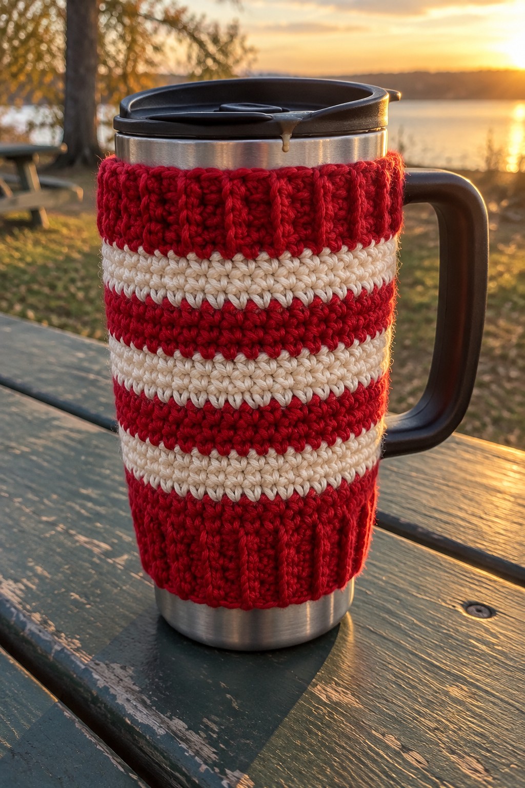 Red and white striped knit cozy on stainless travel mug at sunset picnic table