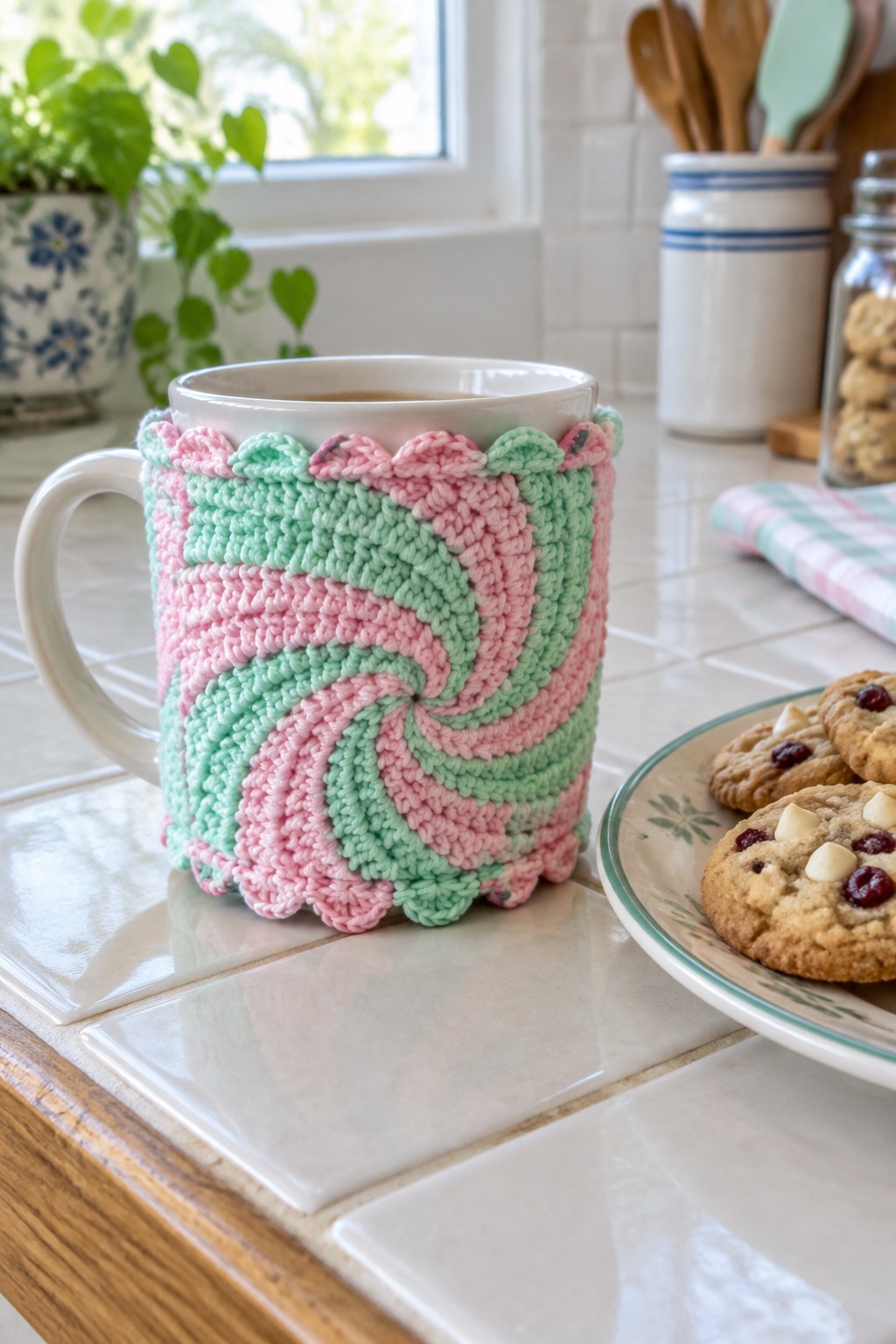 Pink and mint green crocheted cozy on white mug beside cookies on plate