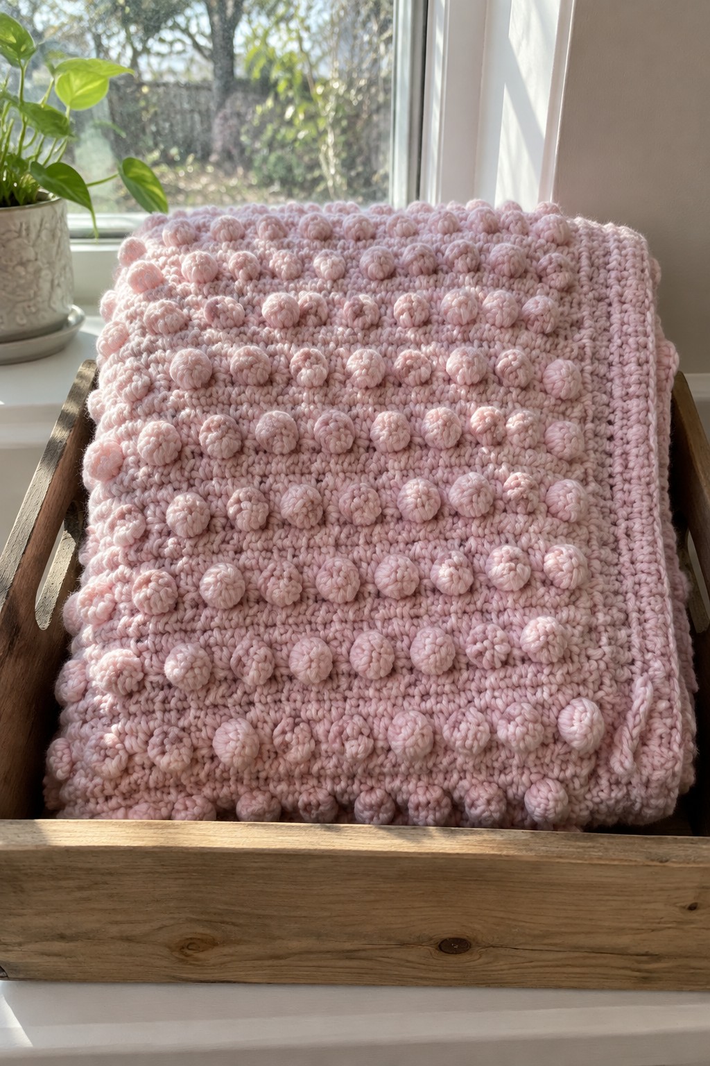 Pink bobble-knit blanket folded in wooden tray on sunny windowsill.