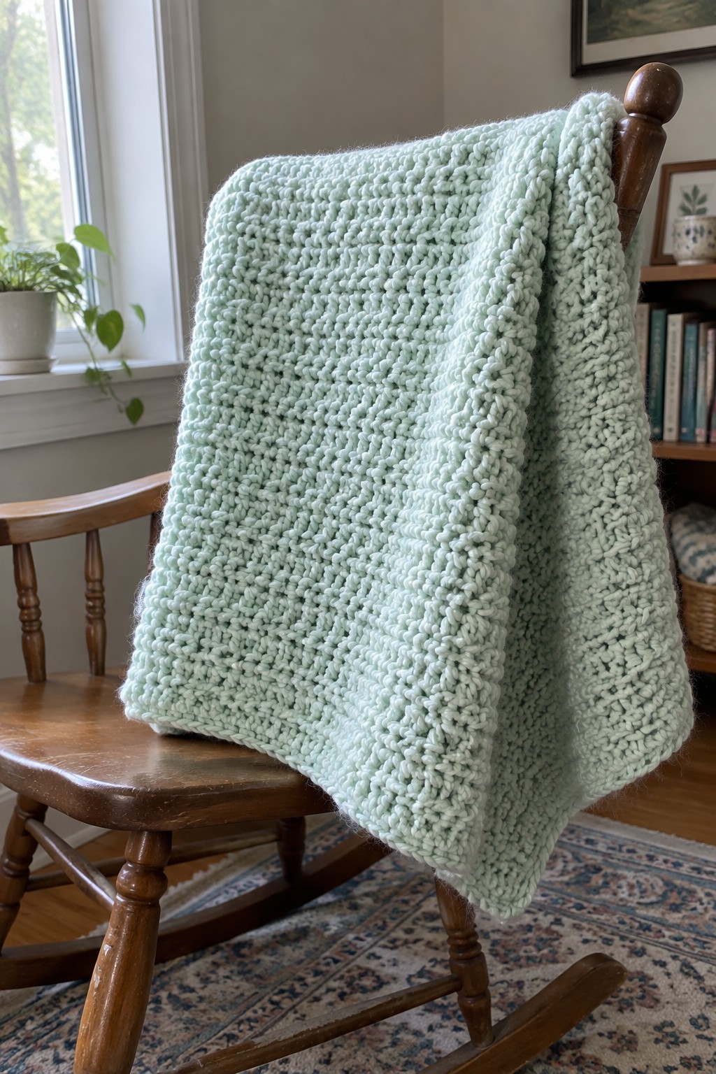 Pale green chunky knit blanket draped over wooden rocking chair in cozy room.