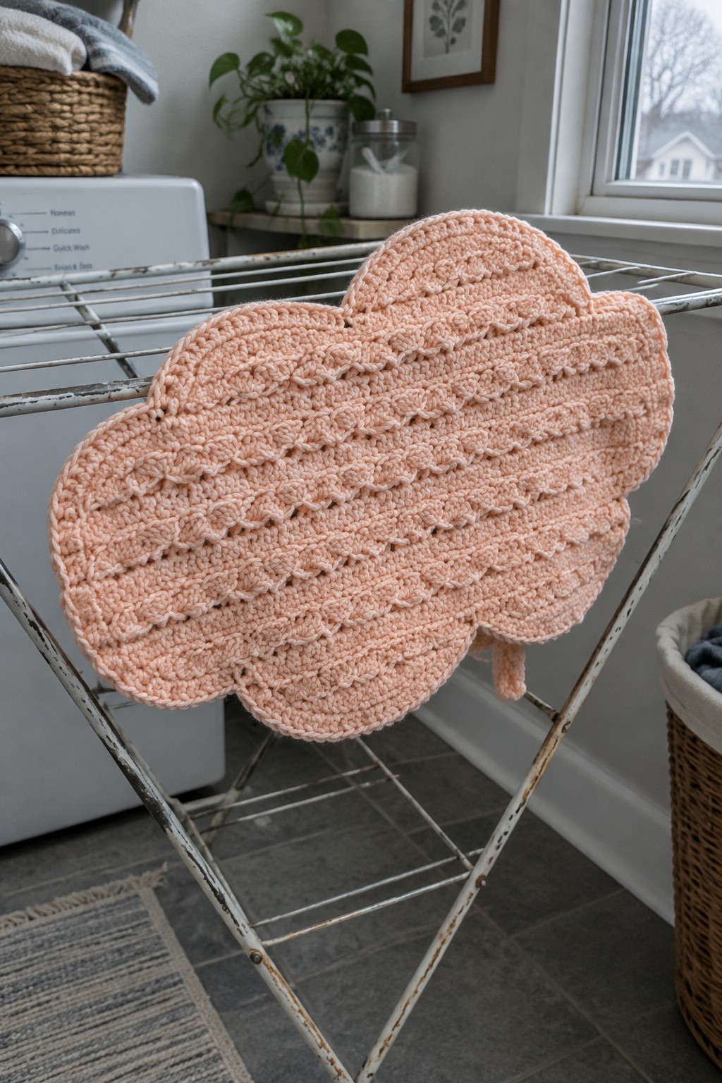 Peach crocheted cloud-shaped mat draped over metal drying rack in laundry room