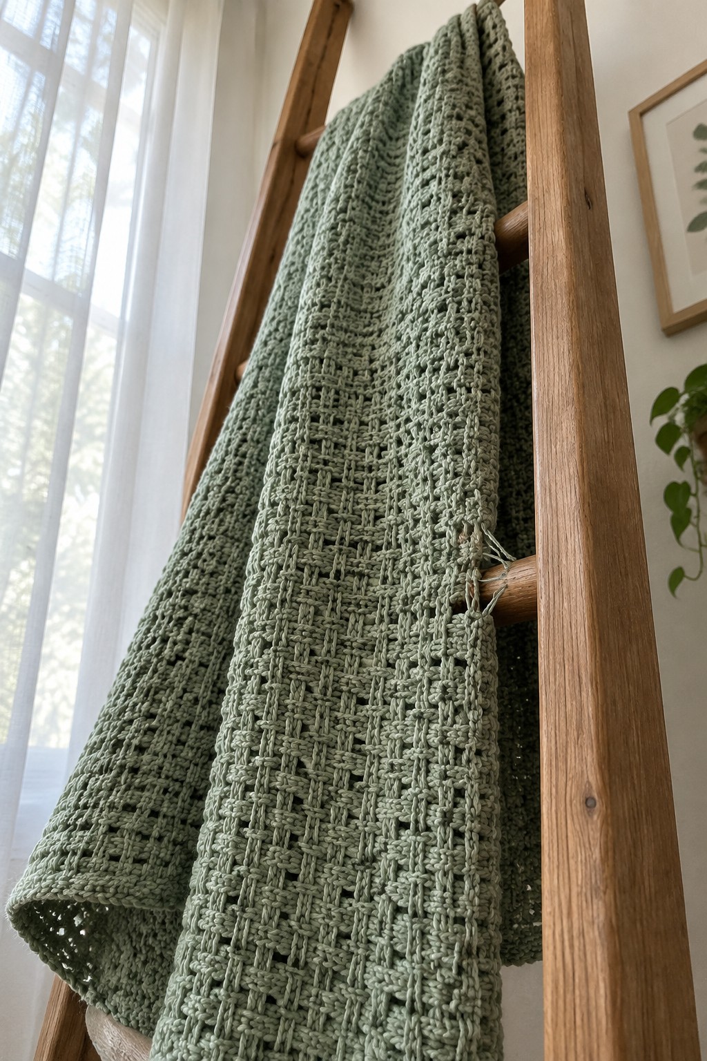 Sage green crocheted blanket draped over wooden ladder rack.