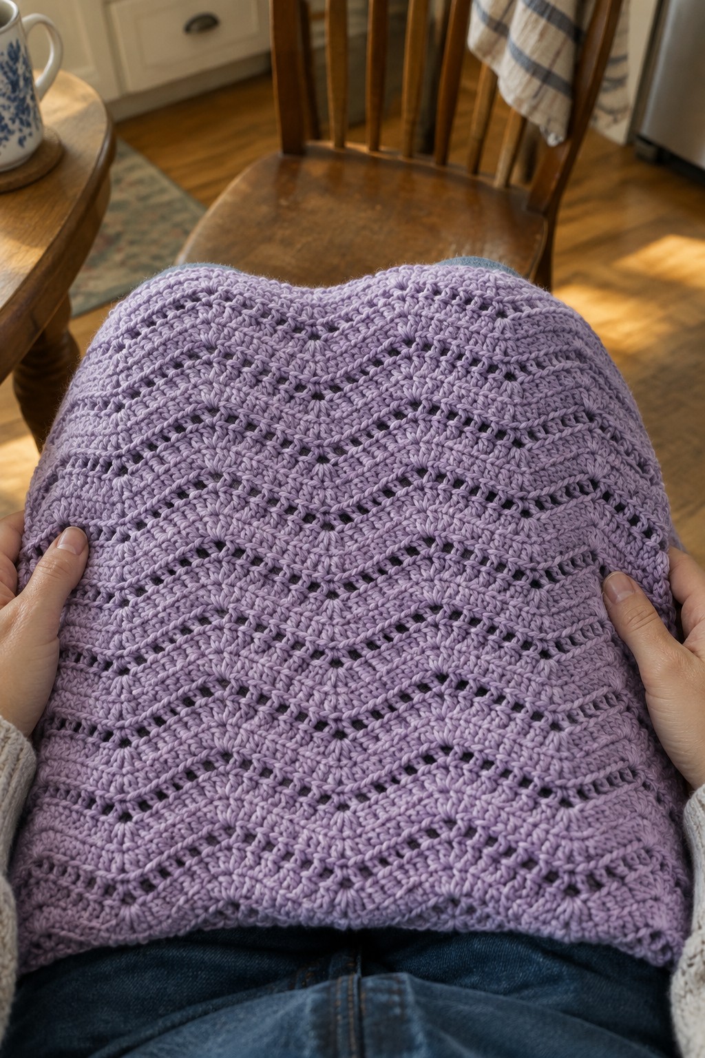 Hands holding delicate purple lace crochet blanket across blue denim lap