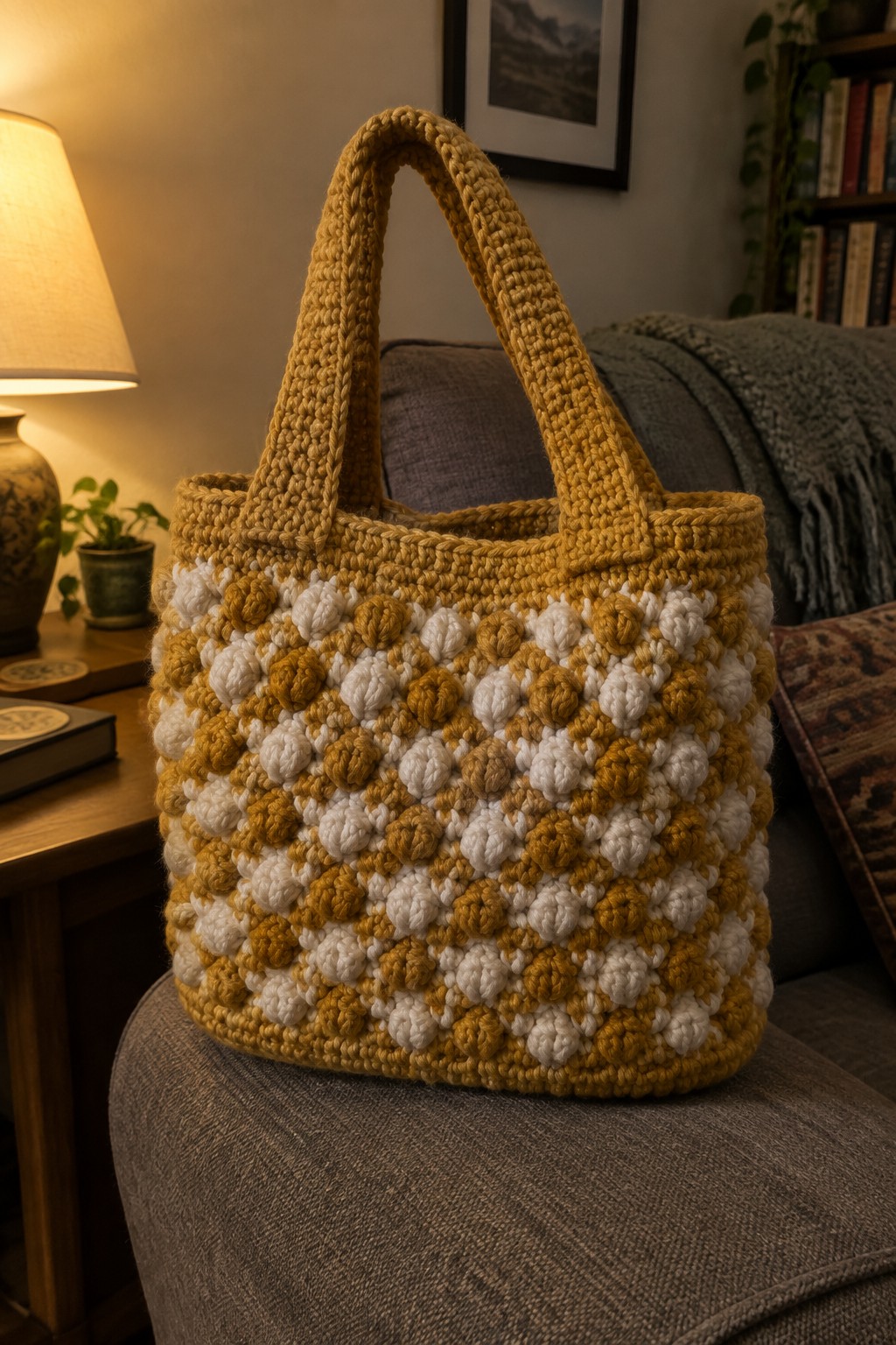 Mustard-yellow crocheted tote bag with white and brown bobble pattern on couch