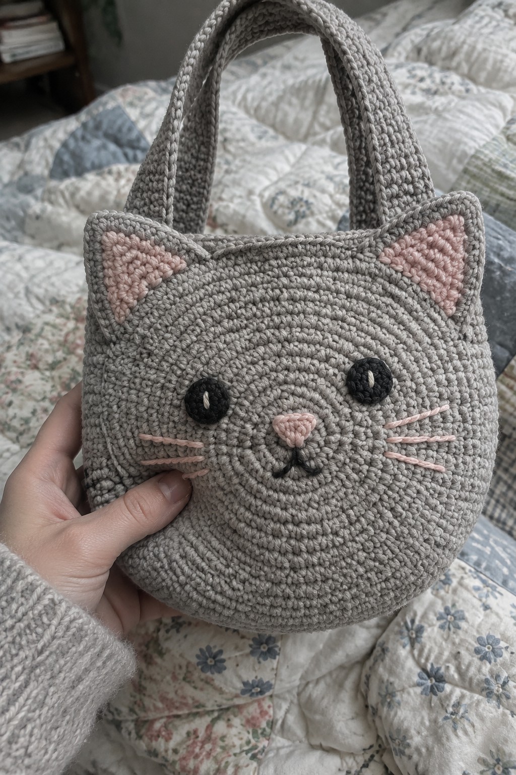 Hand holding gray crocheted cat-shaped bag with pink ears on floral quilt.
