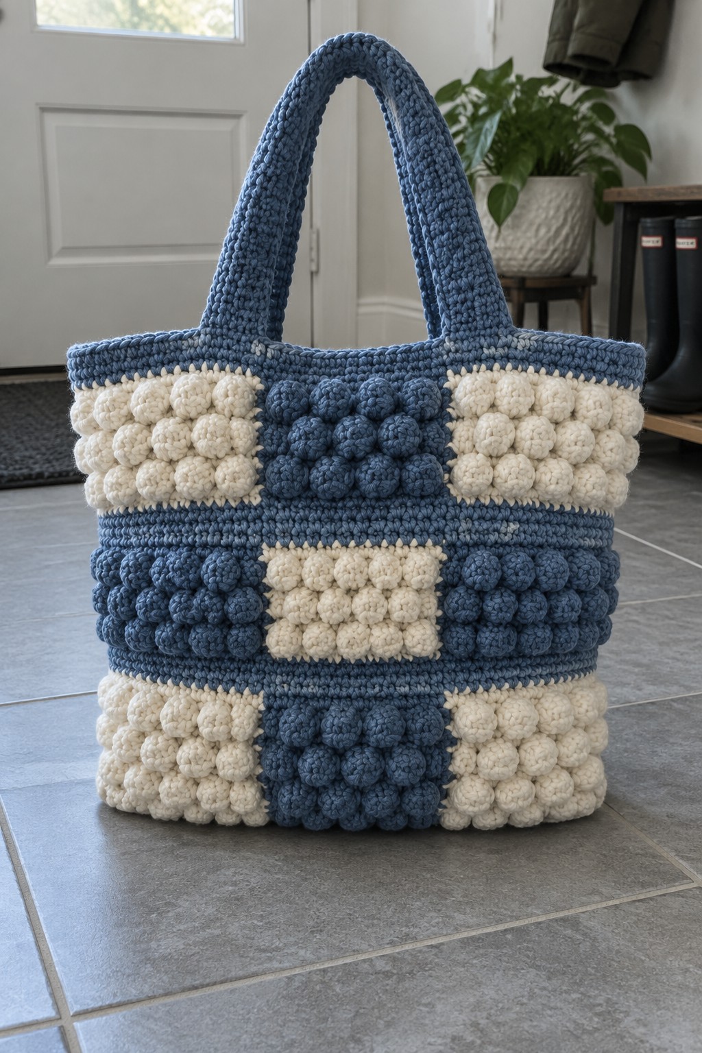 Blue and cream crocheted tote bag with bobble stitches on tiled floor